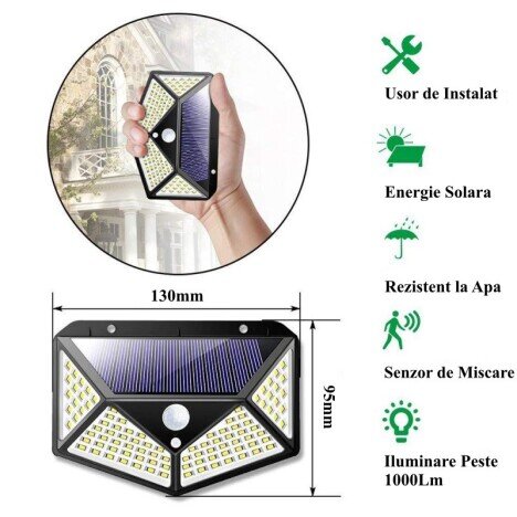 LAMPA DE PERETE SOLARA 100 LED + SENZOR